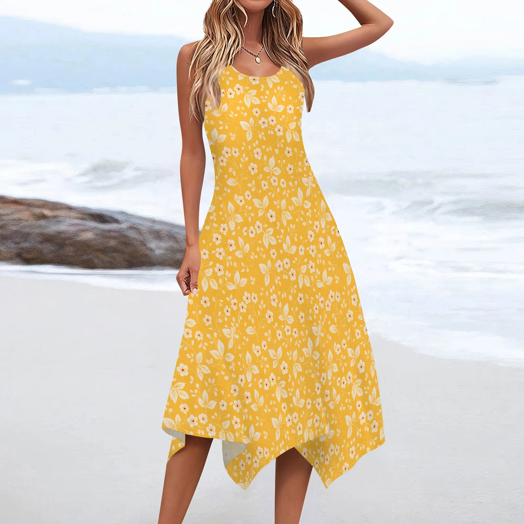 ชุดเดรสฤดูร้อนสตรี Sundresses แขนกุดคอ U หลวม