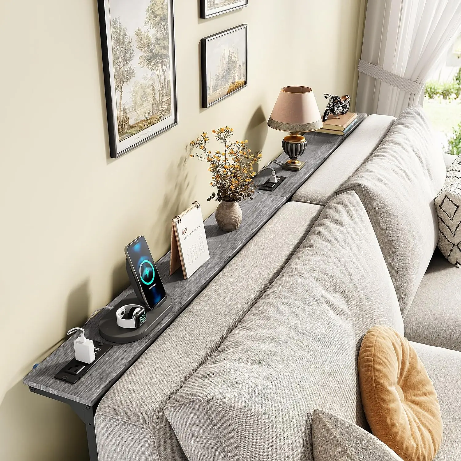 Narrow Sofa Console Table with Charging Station, 78.8-Inch Behind-Couch Design, Height Adjustable from 24.4 to 32.7 Inches, 2-Piece Modular Build for Sectionals, Entryways, Apartments, and Narrow Living Spaces