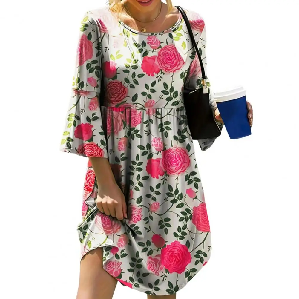 

Summer Women Dress O Neck Three Quarter Sleeves Floral Print Pleated A-line Loose Hem Knee Length roupas feminina