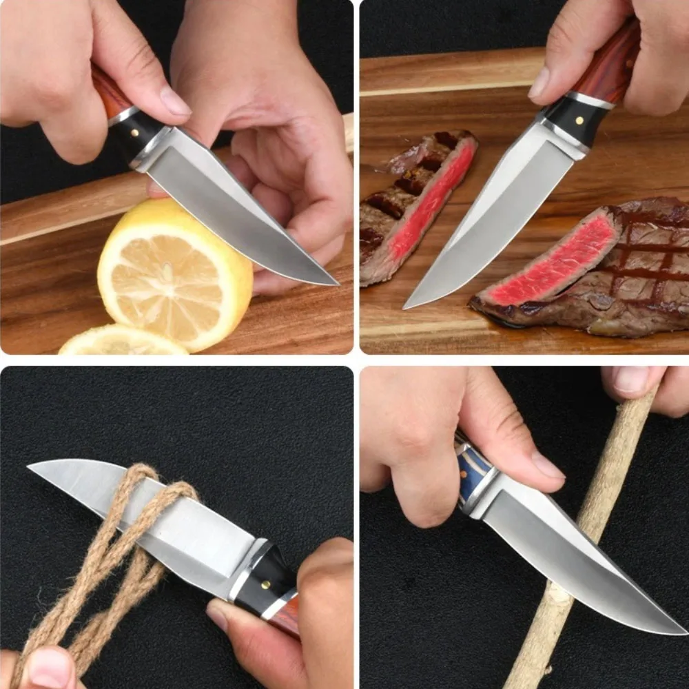 Outdoor straight knife camping portable stainless steel kitchen fruit barbecue meat eating handle knife with scabbard