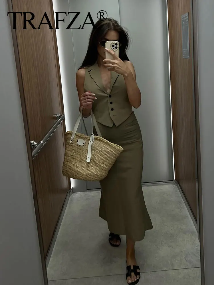TRAFZA 2024 Set donna Solid Turn-Down Collar senza maniche Lace-Up Vest Top + vita alta Slim Zipper Wild gonna lunga da donna Street