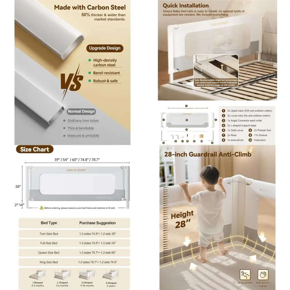 Reinforced Toddler Bed Rail, Adjustable Height, Double Lock, White/Grey, 60 L x 28 H, 1-Side