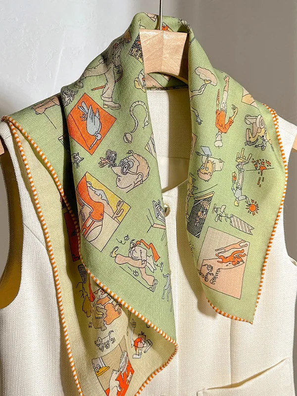 エレガントなシルクとウールのブレンドスカーフ女性用春秋漫画プリント両面首保護装飾中国風スクエアスカーフ