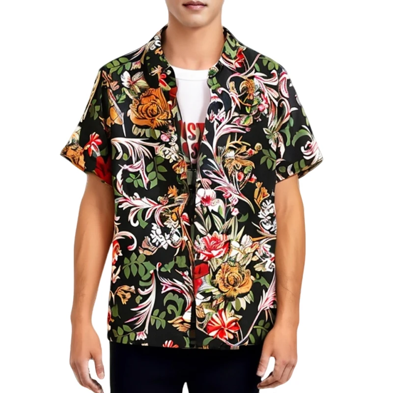 

7XL-M Plus Size Floral Shirts for Men Summer Flower Print Loose Short Sleeve Men's Hawaiian Shirt Beach Vacation Mens Clothes