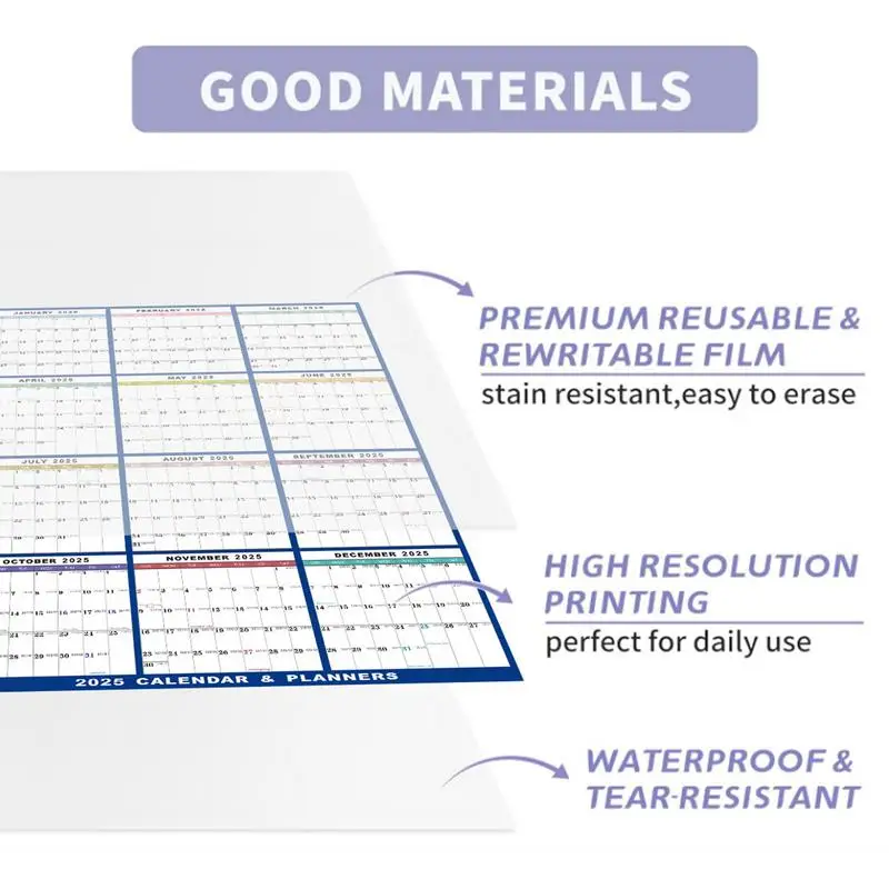 Calendario 2025 Pianificatore Foglio cancellabile a secco Calendario da parete Orari pieghevoli cancellabili Pianificatore annuale Lavagna bifacciale