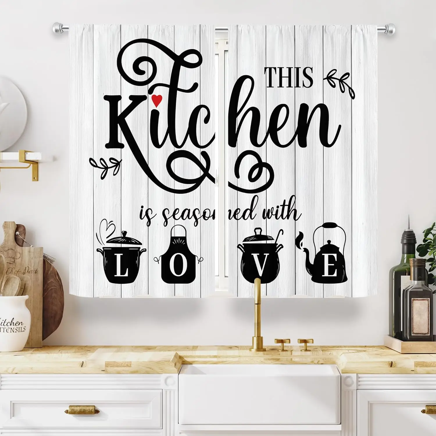 Decorative Farmhouse Kitchen Love Curtain 2pcs Pair Window Tapestry Curtain Panels for Rustic Cooking Theme Home Decor Accent