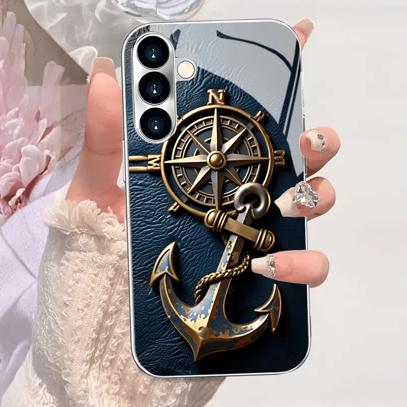 Compass anchor image electroplated glass mobile phone case, suitable for Samsung S26/S25, S24/S23/S22/S21/S20, etc. models