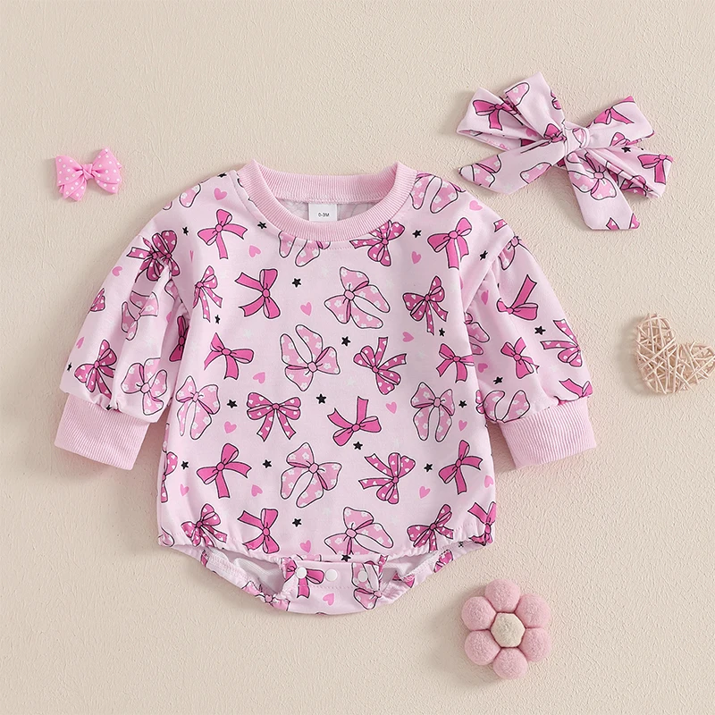 Baby Girls Sweatshirts Rompers Valentine s Day Clothes Bowknot Heart Print Long Sleeve Spring Bodysuits with Headband