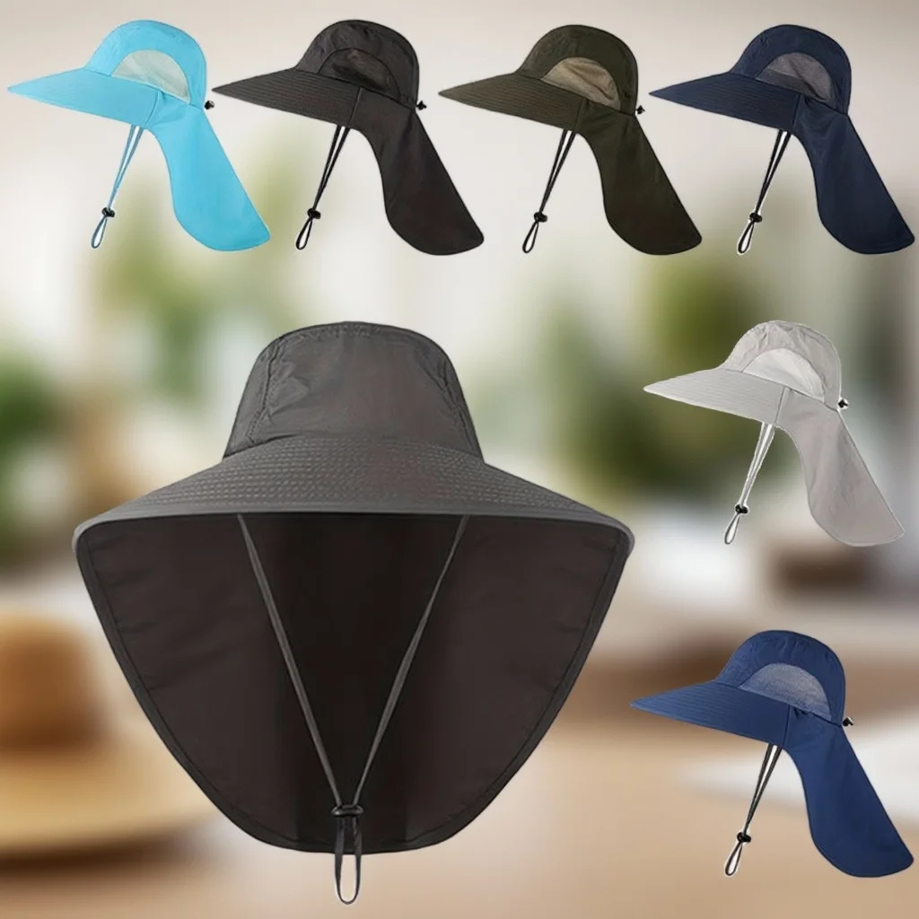 Sonnenhut mit breiter Krempe und Nackenklappe für Damen und Herren, Safari-Kappe zum Wandern, Angeln, UV-Schutz im Freien