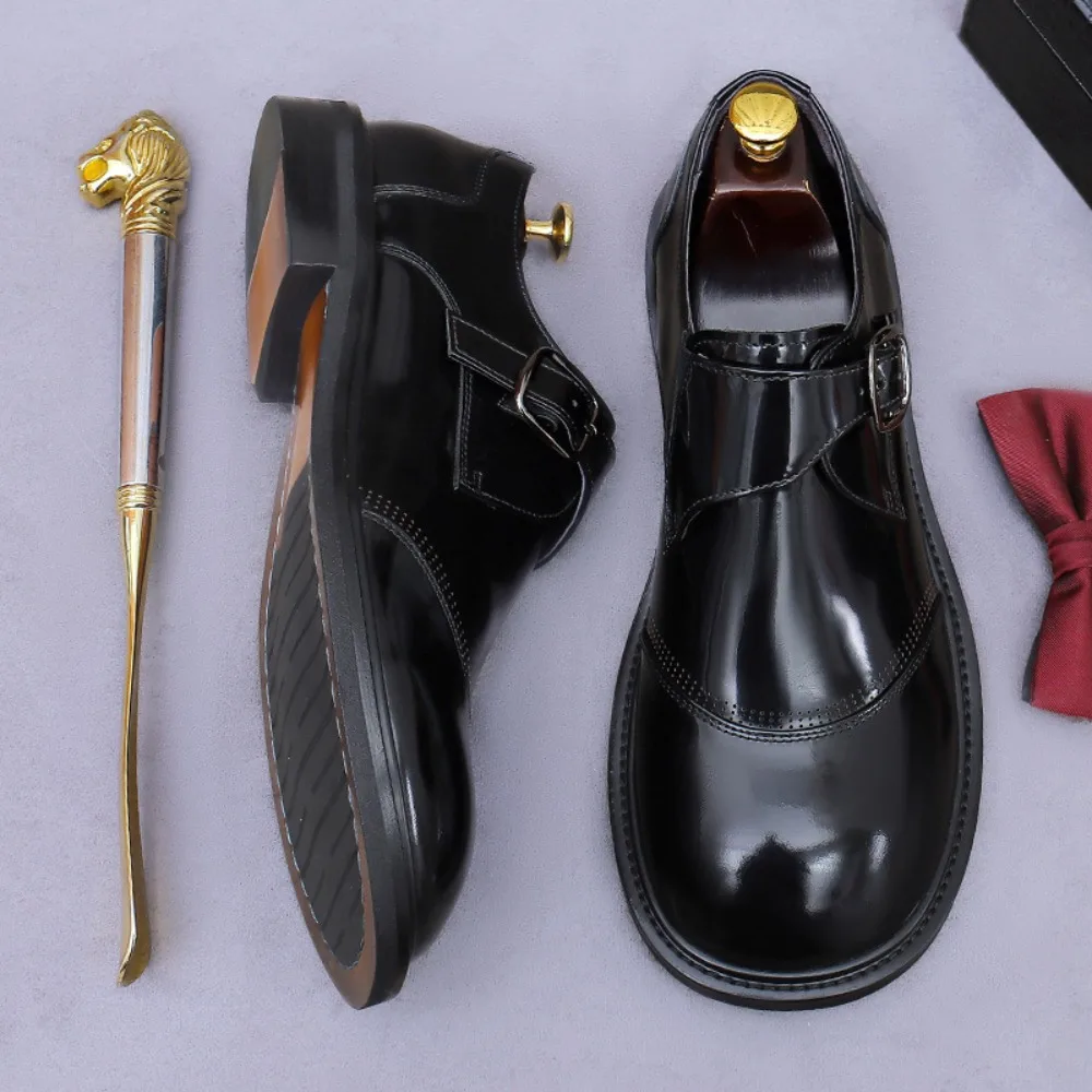 

Mens Big Size Business Leather Shoes Shiny Round Toe Formal Dress Shoes Casual Slip On Buckle Genuine Cowhide