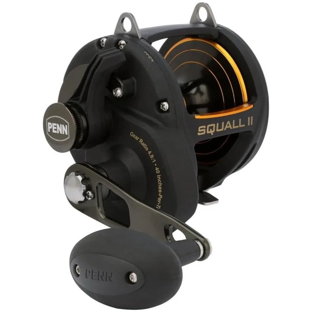 Squall II Lever Drag Fishing Reel, Size 50, Graphite Body and Sideplates, Stainless Steel Main and Pinion Gears