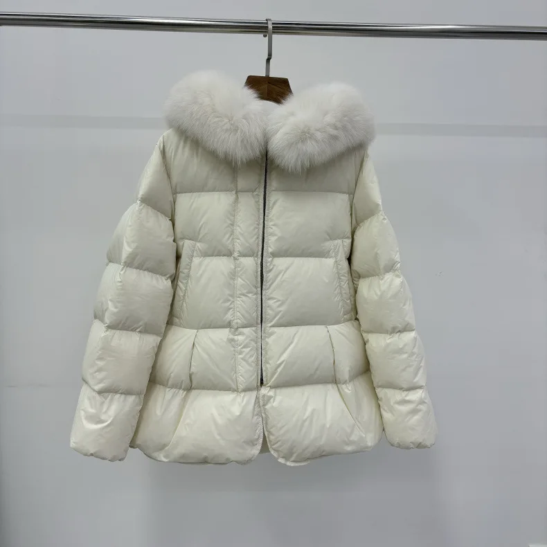 Schinteon Women 100% Real Fox Fur Collar White Duck Down Jacket with Hood Autumn Winter Warm Casual A-lined Warm Outwear Cape