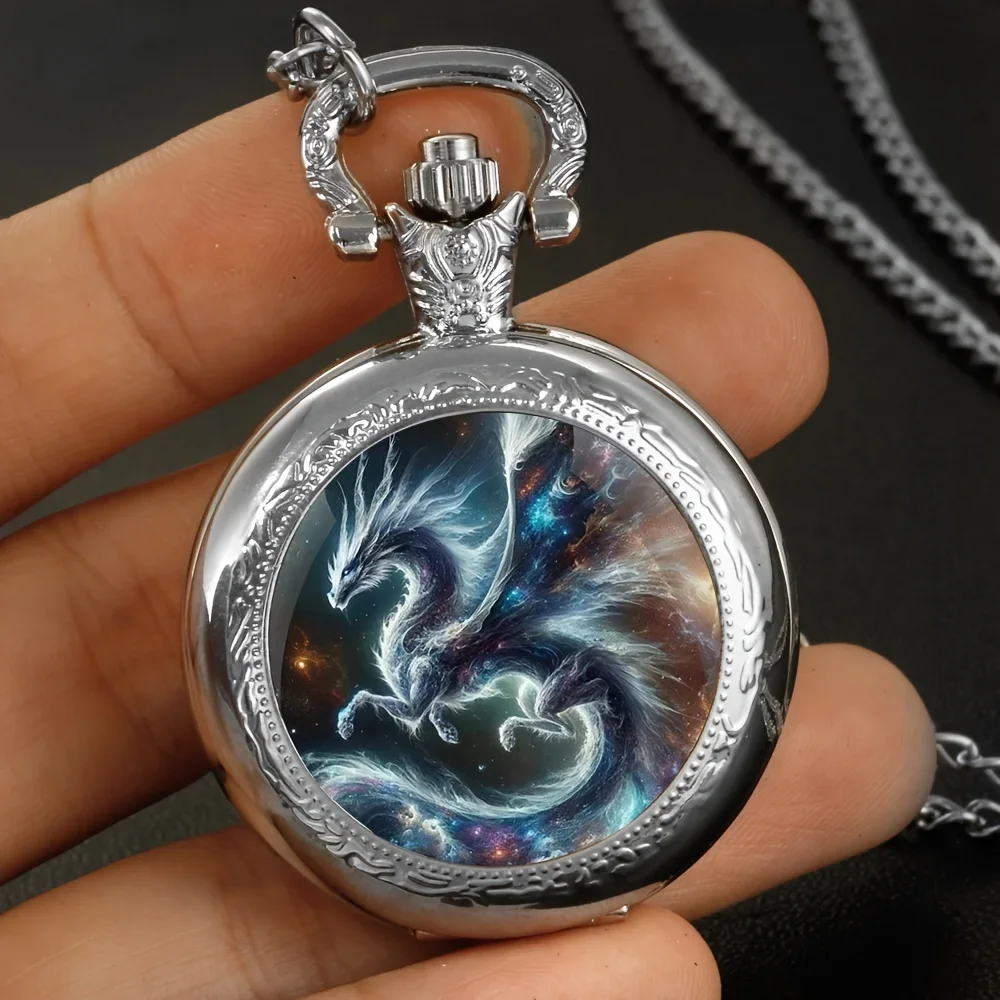 1pc Retro Creative Dragon Quartz Pocket Watch, Cool Silvery Necklace Pocket Watch, Gift Accessories