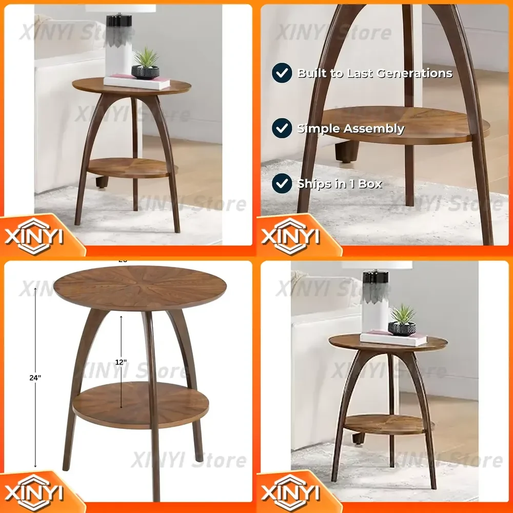 for Home LAX Retro Mid-Century Modern Round Wood End Table Solid Grain Side Table with Lower Shelf Small Accent Table Living