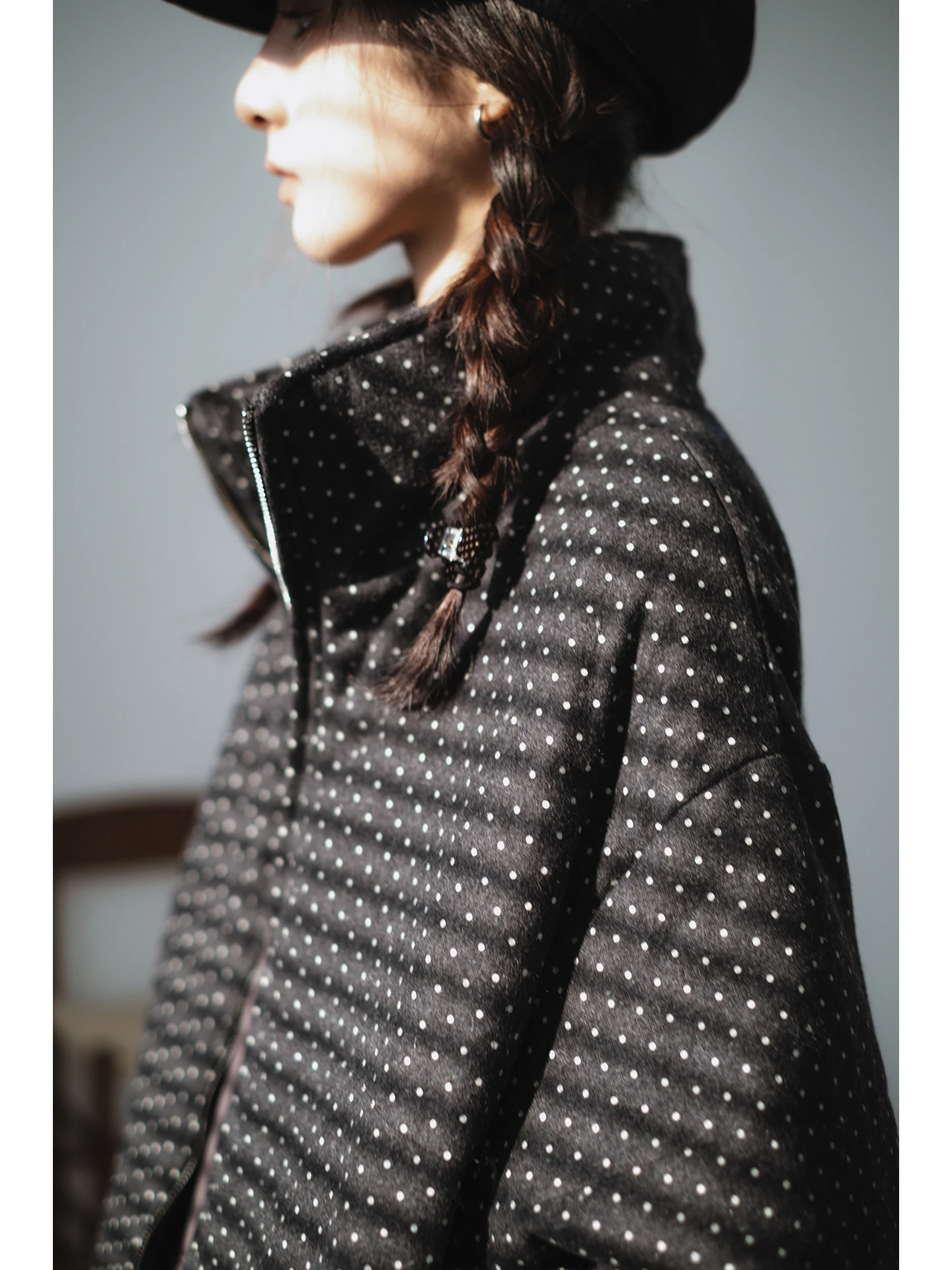 

Warm Fce Lined Woolen Cotton Coat Women's Winter Polka Dot Patterned Thiened Korean Sle Commute Faion High Collar Zi...