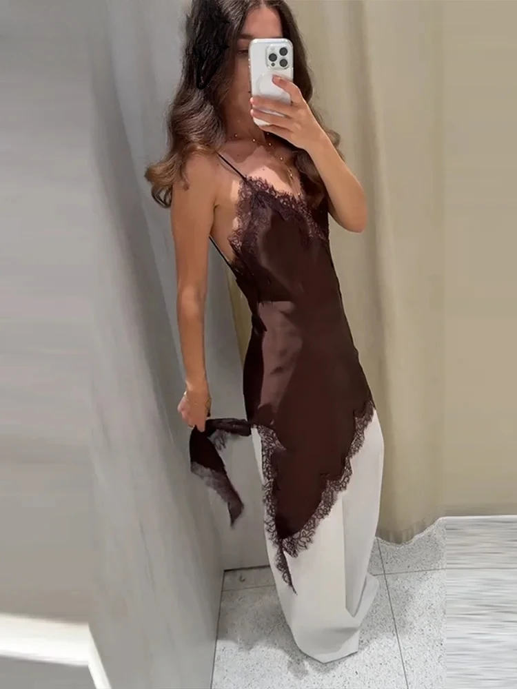 

Новое винтажное коричневое женское платье с кружевными вставками, сексуальное, без рукавов, с открытой спиной, для весенне-летних вечеринок