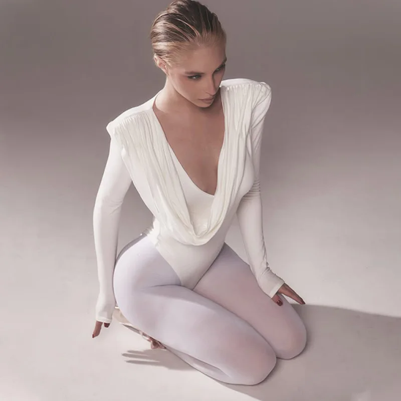 

Personalized swing collar design, spicy girl low cut long sleeved T-shirt, women's European and American casual pleated versatil