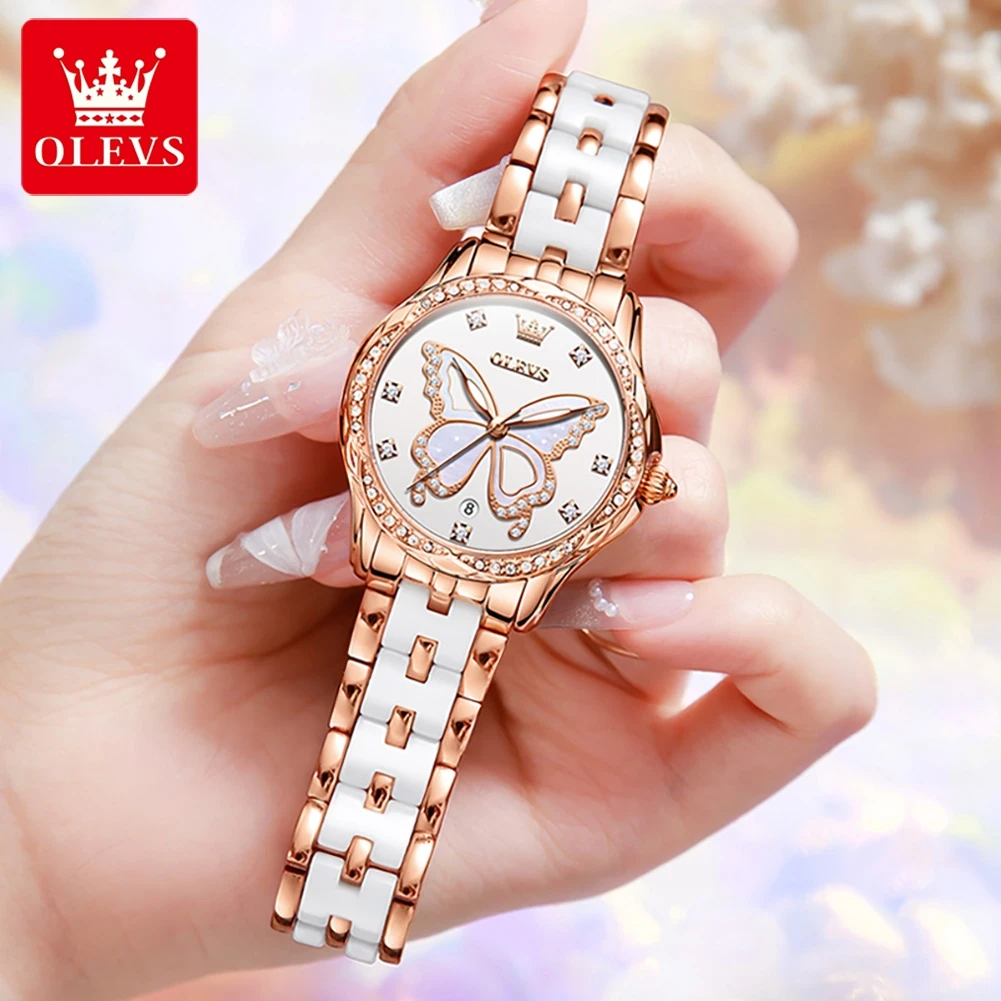 OLEVS 5610 Women Watch Luxury Elegant Butterfly Dial Ceramic Strap Quartz Watch Waterproof Luminous Ladies Watch Bracelet Set