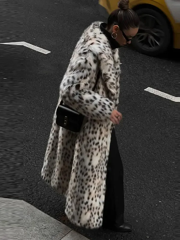 Retro Leopard Faux Fur Long Coat Women Warm Thicken Oversize Jacket Female Winter Casual Loose Street Outwears 2024 New In Coats