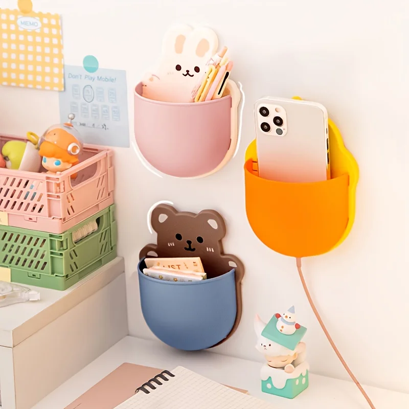 1 PC Cute Storage Rack Cartoon Self-adhesive Wall Mount Pen Pencil Holder for Markers Writing Storage Desktop Organizer