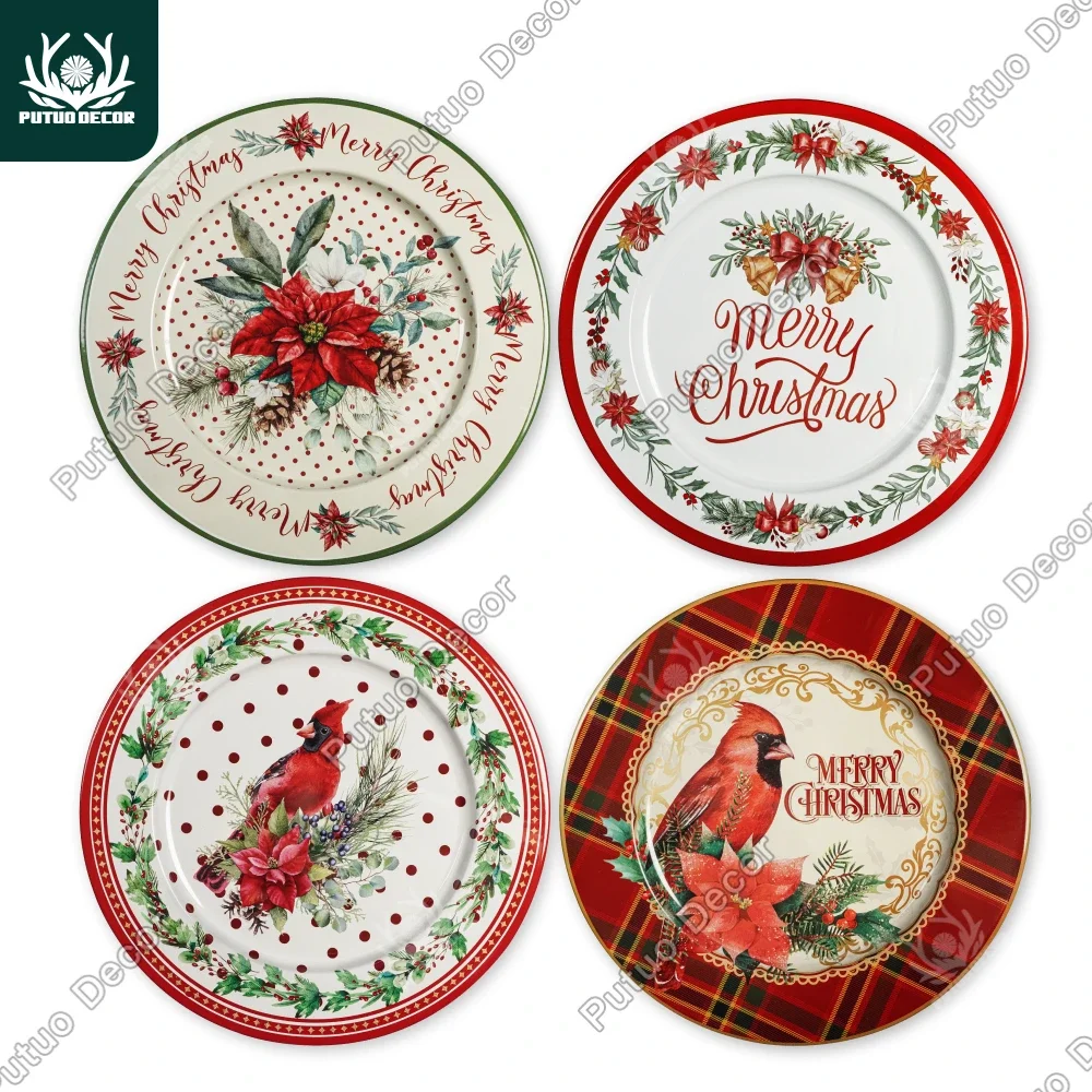 Putuo Decor Christmas Metal Charger Plates, Antique Art Decorative Plate Table Decoration for Family Party  New Year 13x13 Inch