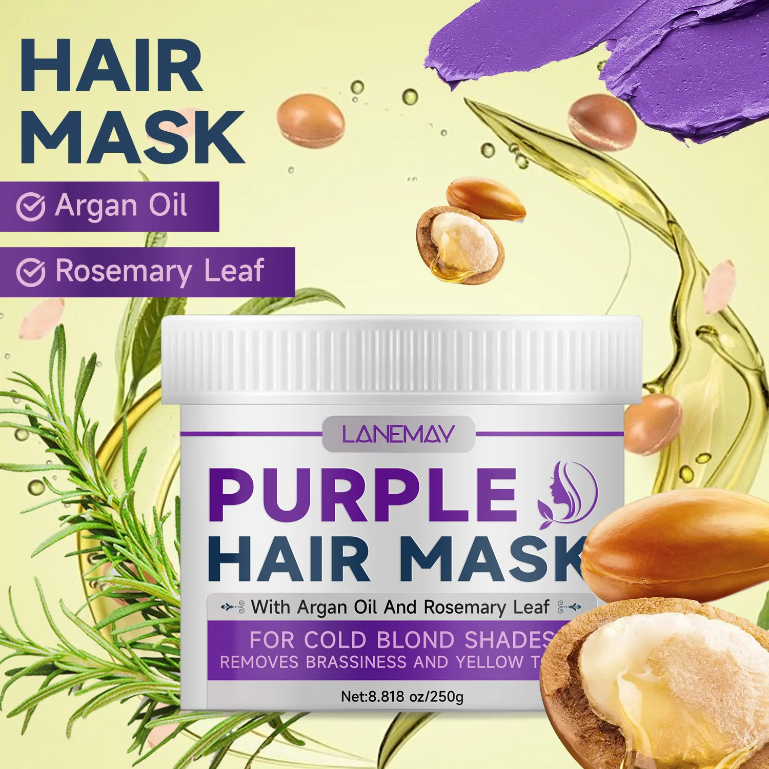 

Формула марокканского арганового масла и листьев розмарина удаляет латунную и желтотоновую фиолетовую маску для волос. Фиолетовая маска для волос 250г.