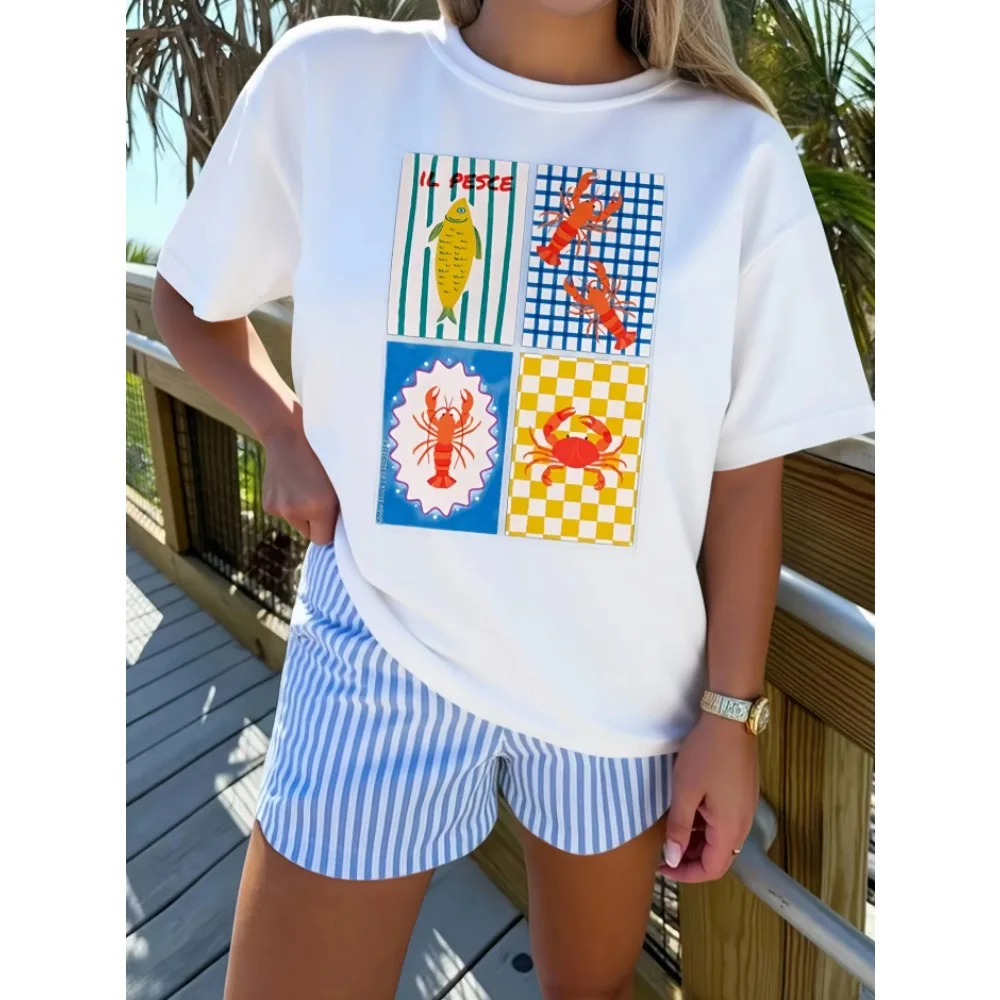 Il Pesce Seafood T Shirt Women Lobster Crab Graphic Tee Vintage Italian Coastal Aesthetic Cute Casual Short Sleeve Summer Tops