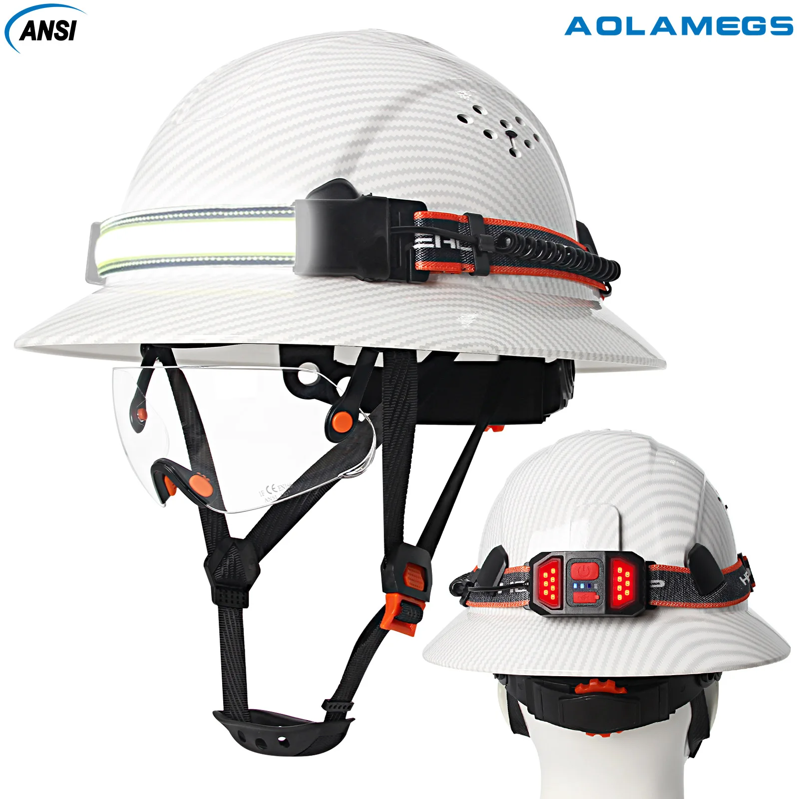 CE Full Brim Safety Helmet with Goggles Head Lamp Construction ANSI Hard Hat Protective Night Working Rescue Cap Head Protection