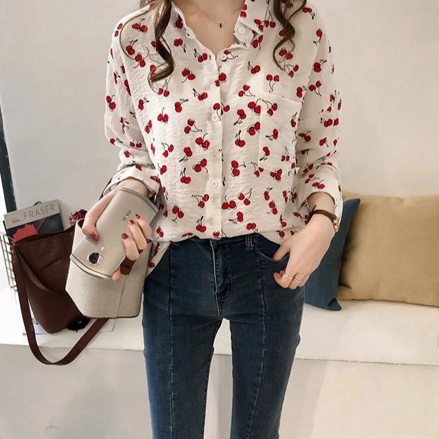 Women Shirt Top Cherry Print Overshirt Turn Down Collar Single Breasted Pockets Sweet Blouses Office Lady 2025 Autumn Shirts