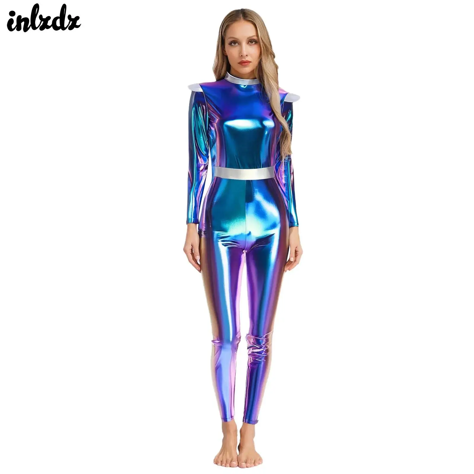 

Women Space Cadet Carnival Alien Astronaut Cosplay Costume Long Sleeves High Waist Long Jumpsuit Outer Space Cutie Robot Costume