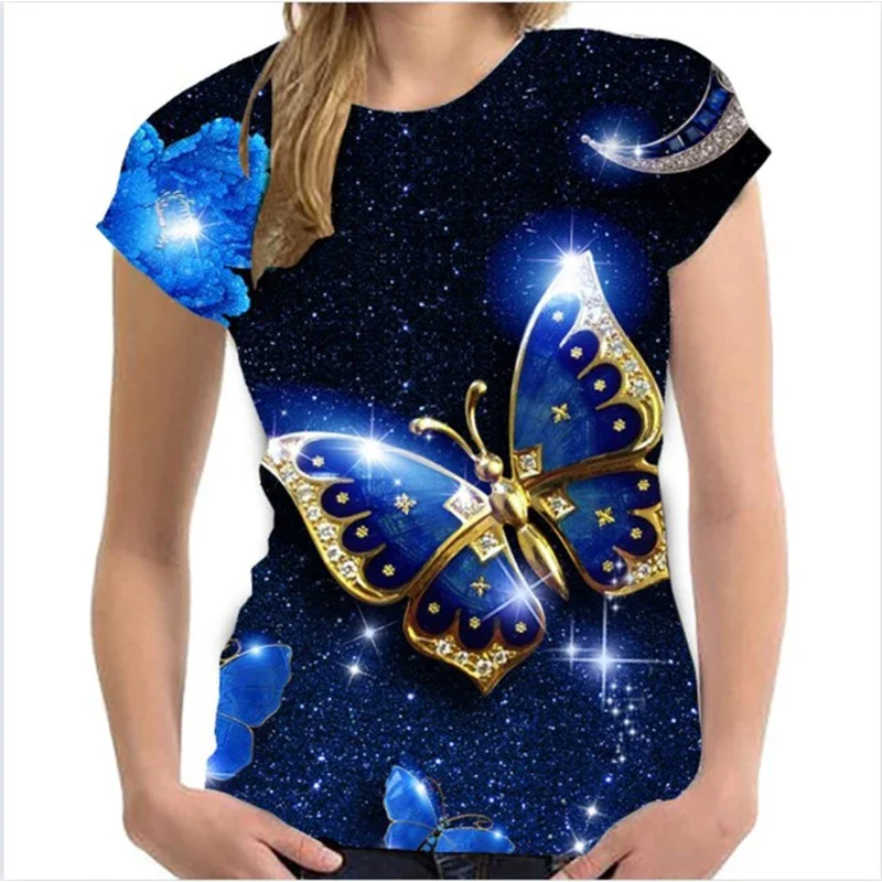 Camiseta informal de gran tamaño con cuello redondo para mujer, camisetas Y2K para niña, ropa de verano, ropa informal con estampado 3D de mariposa