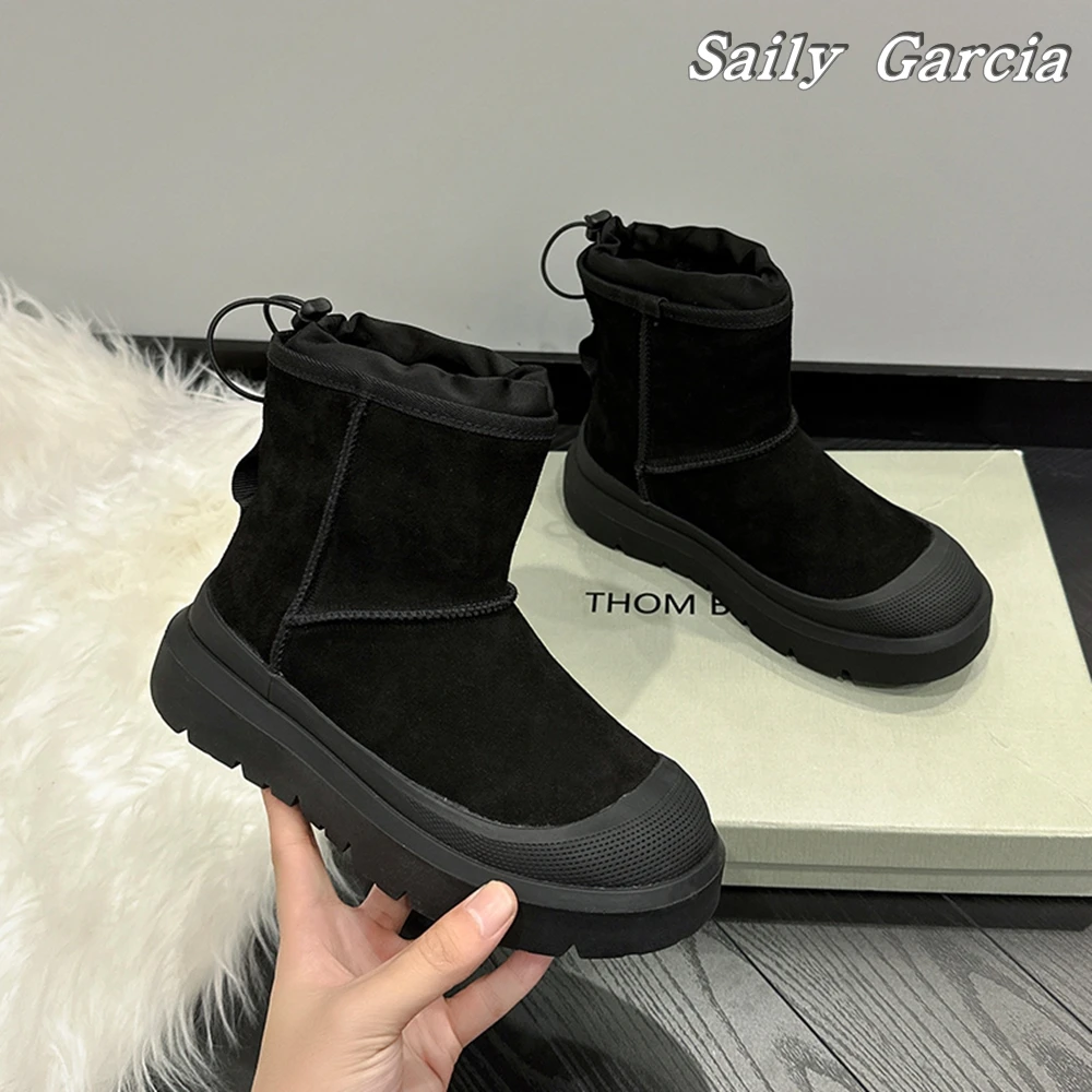 Fur Cow Suede Short Plush Slip On Snow Boots 2023 Winter New Fashion Velvet Keep Warm Boots Round Toe Non-Slip EVA Sole Boots