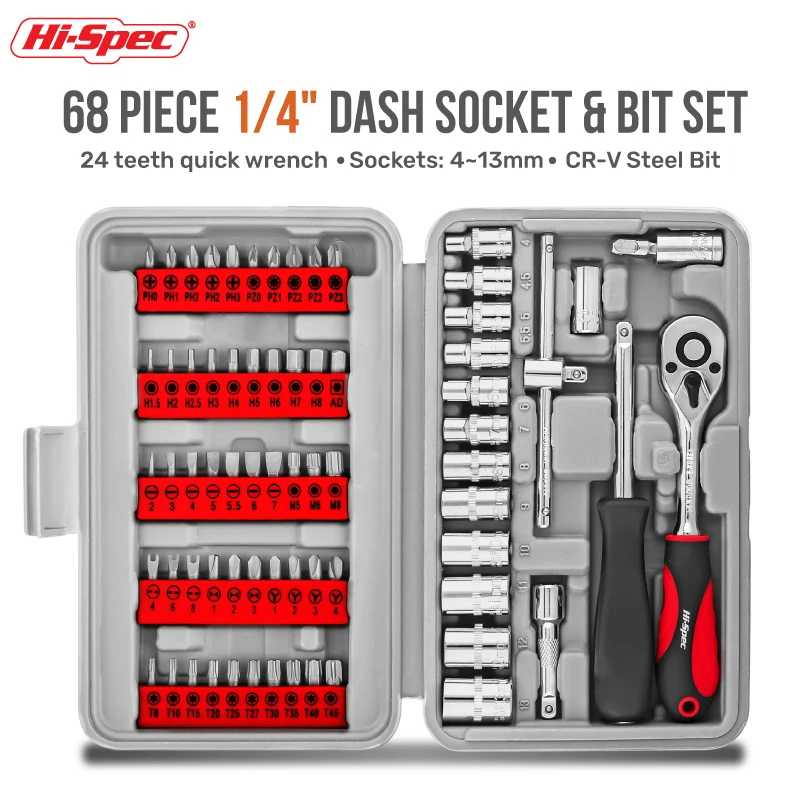 

Hi-Spec 68PCS 1/4-inch Socket Wrench Set Hand Tool Sets Car Repair Tool Kit Mechanical Tools Box Socket Ratchet Screwdriver Bits