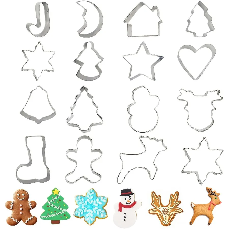 

Christmas Cookie Cutter Set 16 Pack Stainless Steel Holiday Shapes Including Boots Bells Candy Canes Trees and More for DIY Bak