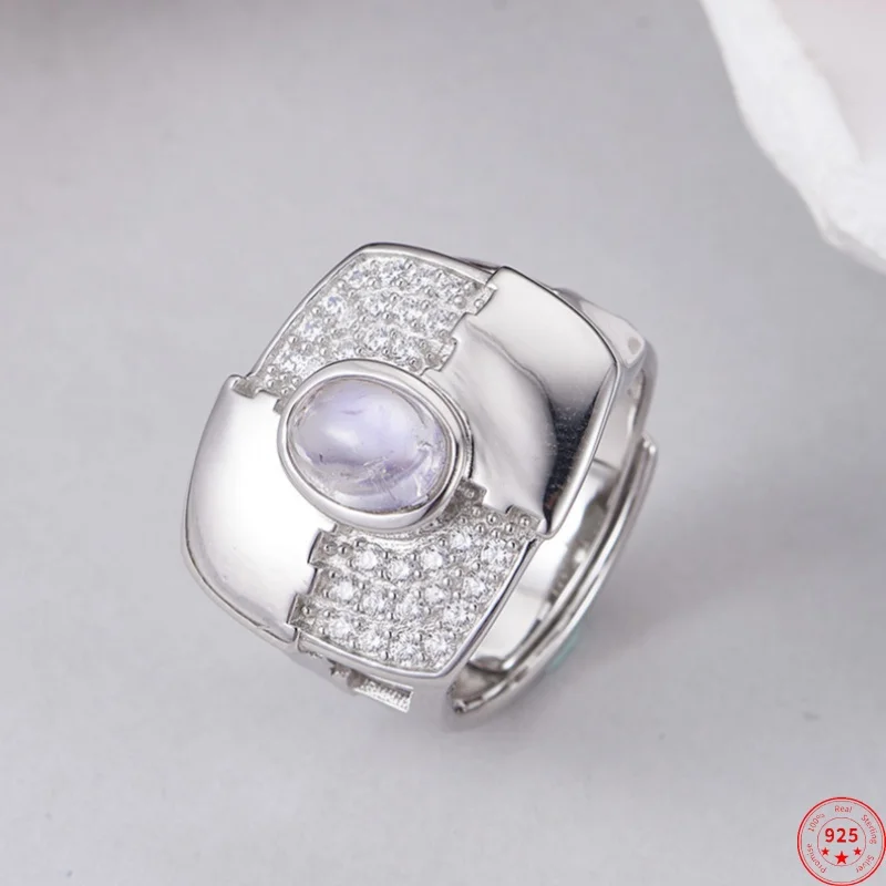 

S925 Sterling Silver Charms Rings for Women Men Irregular Geometric Inlaid Moon Stone Micro Zircon New Fashion Classic Jewelry