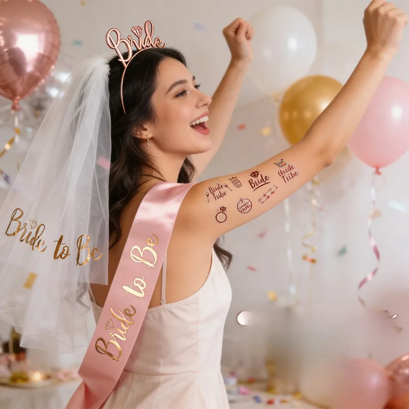 

Набор для невесты: фата, повязка на голову с золотой фольгой, розово-золотая повязка для волос, наклейки-тату. Элегантный и незаменимый комплект для девичника.