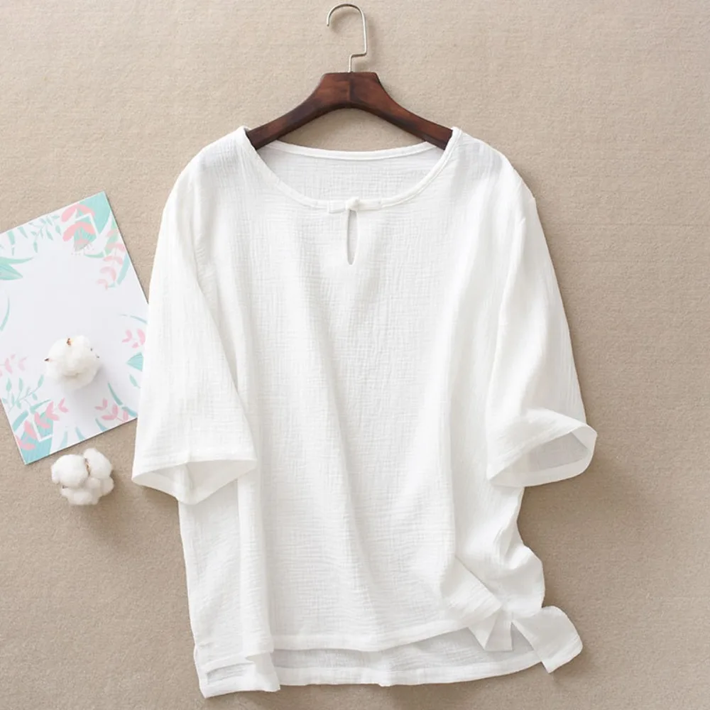Women Cotton Crepe Top Half Sleeve Frog Button Blouse Spring Autumn New Loose Casual Ladies Shirt Daily Streetwear Versatile