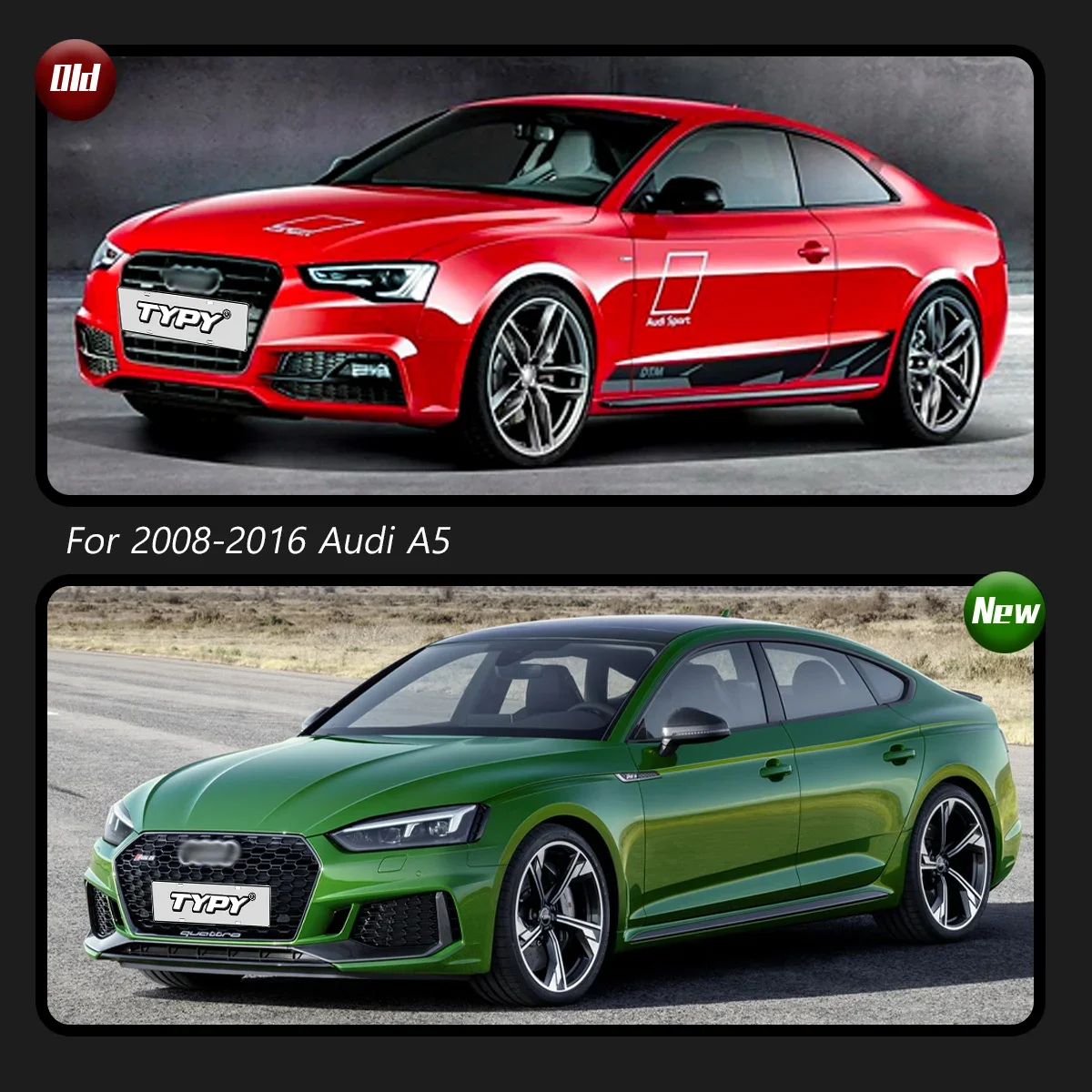 

Обвесы TYPY RS5 для Audi 2008-2016 A5, обновление до 2020+ RS5, передний автомобильный бампер, автомобильная решетка, капот, фары