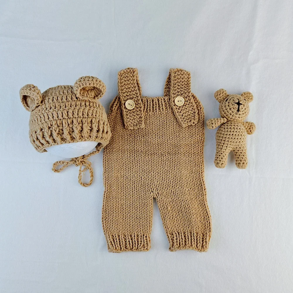 3pcs Newborn Photography Outfit Hand-woven Shorts Hat Bear Doll Suit Bunny Cartoon Cap Romper New Born Baby Boy Girl Clothing