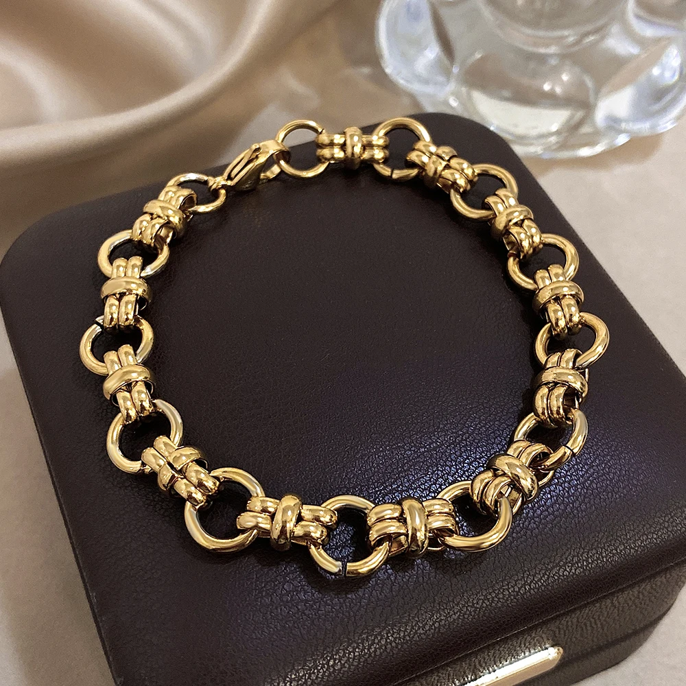 Flashbuy Trend Chunky Gold Color Thick Chain Stainless Steel Bracelet Statement New Design Wrist Fashion Jewelry﻿