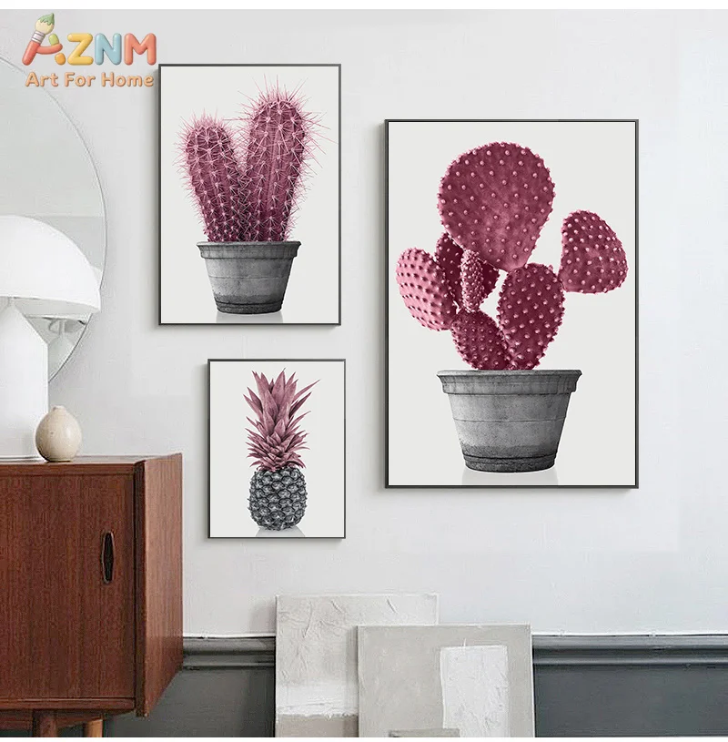 AZNM Dusty Pink Tone Cactus Pineapple Plant Frameless Canvas Poster Minimalist Botanical Living Room Bedroom Wall Art Decor