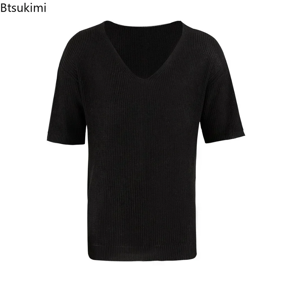 New 2024 Men\'s Summer Short Sleeve Knit Tops Shirts Casual V-neck British Loose Shirts Male Solid Shirts for Men Fashion Tops