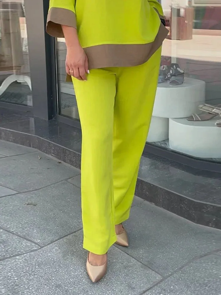 Casual Yellow Color Matching Pants Sets Women Loose O Neck T Shirt Straight Trousers Two Piece Set Female 2024 Spring Autumn New