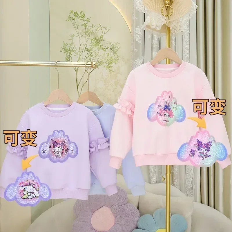 

Spring Autumn Kawaii Sweet Ins Sanrio Anime Kuromi Long Sleeve Hooded Cute Cartoon My Melody T Shirt Clothing Gifts for Kids