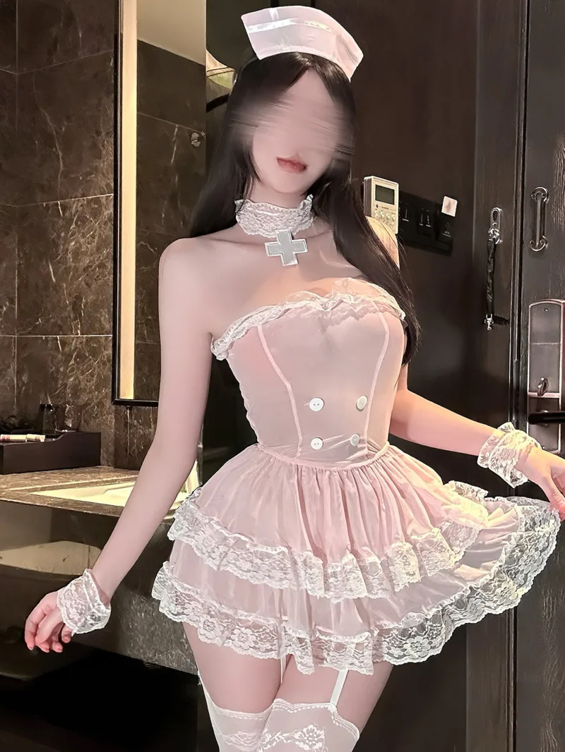 Sexy Lace Tube Top Puff Dress Beautiful Back Pure Desire Nurse Uniform Maid Costume Transparent Lace Trim Dress Charming 33CN