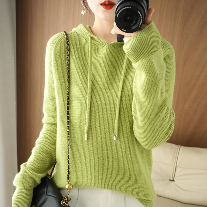 High Quality Cashmere Hoodie Women Loose Hooded Knitted Thick Cashmere Sweater Women