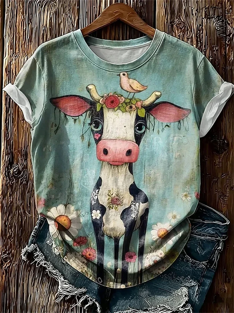 2026 Women's Fashionable Casual Round-Neck Short-Sleeve T-Shirt Bird-Print T-Shirt Trendy Streetwear Short-Sleeve Top