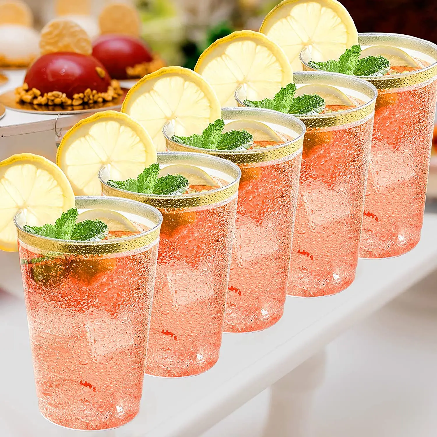 50/10pack 12oz Gold Plastic Cups -Premium Gold Rimmed Plastic Disposable Cups Tumblers for Elegant Weddings, Nice Celebrations