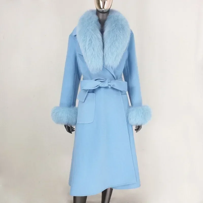 MENINA Korean Style Double-sided Cashmere Woolen Coat 2024 Autumn Winter New Style Fox Big Fur Collar Long Skirt Slim Long Coat