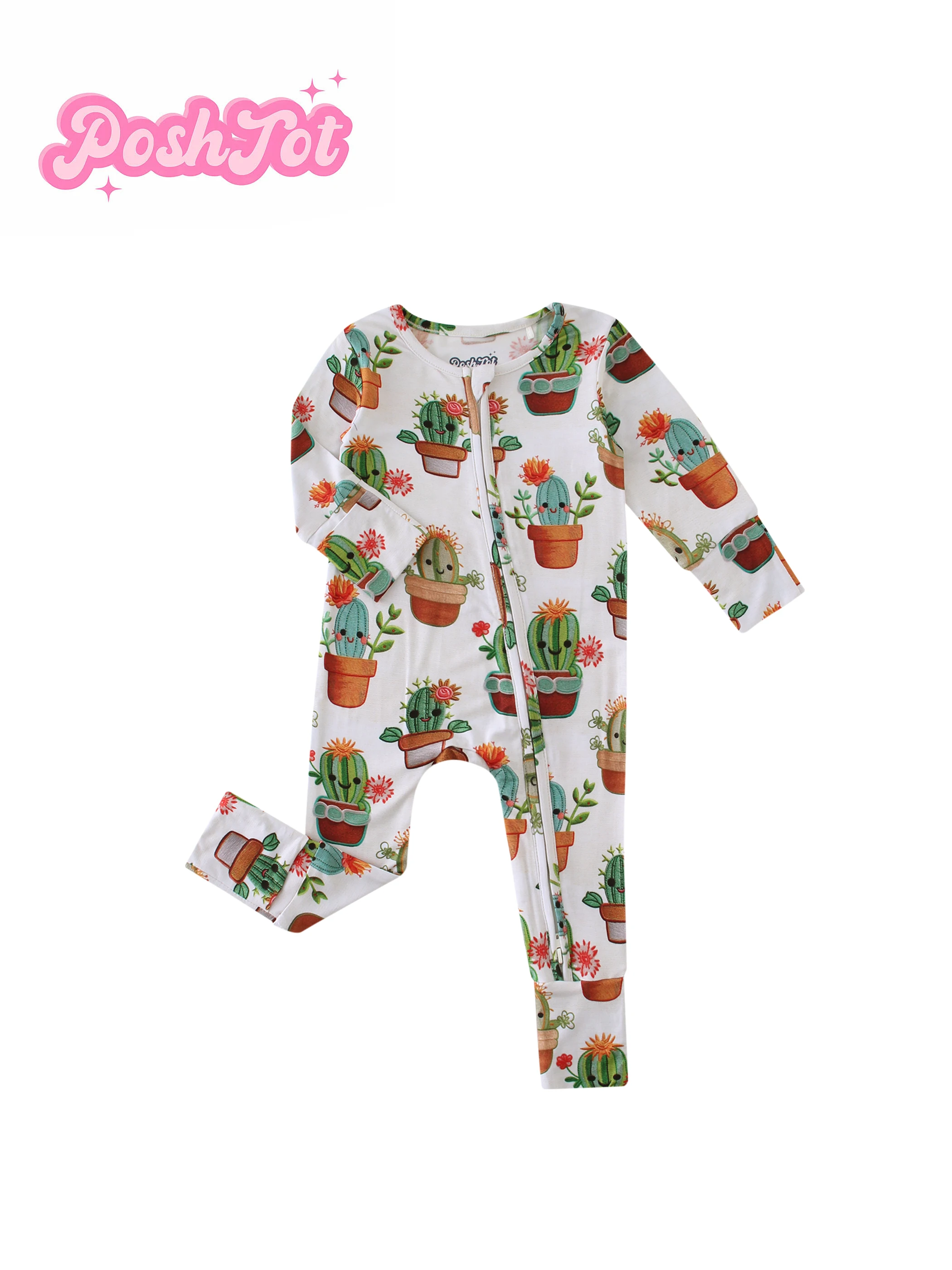 POSHTOT Cactus pattern bamboo fiber baby long sleeve. Baby pajamas two-way zipper 0-2 years romper.